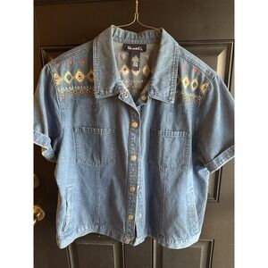 Denim & Co. Snap Jean Shirt Aztec Design Embroidery Women's Large Jacket & Skirt